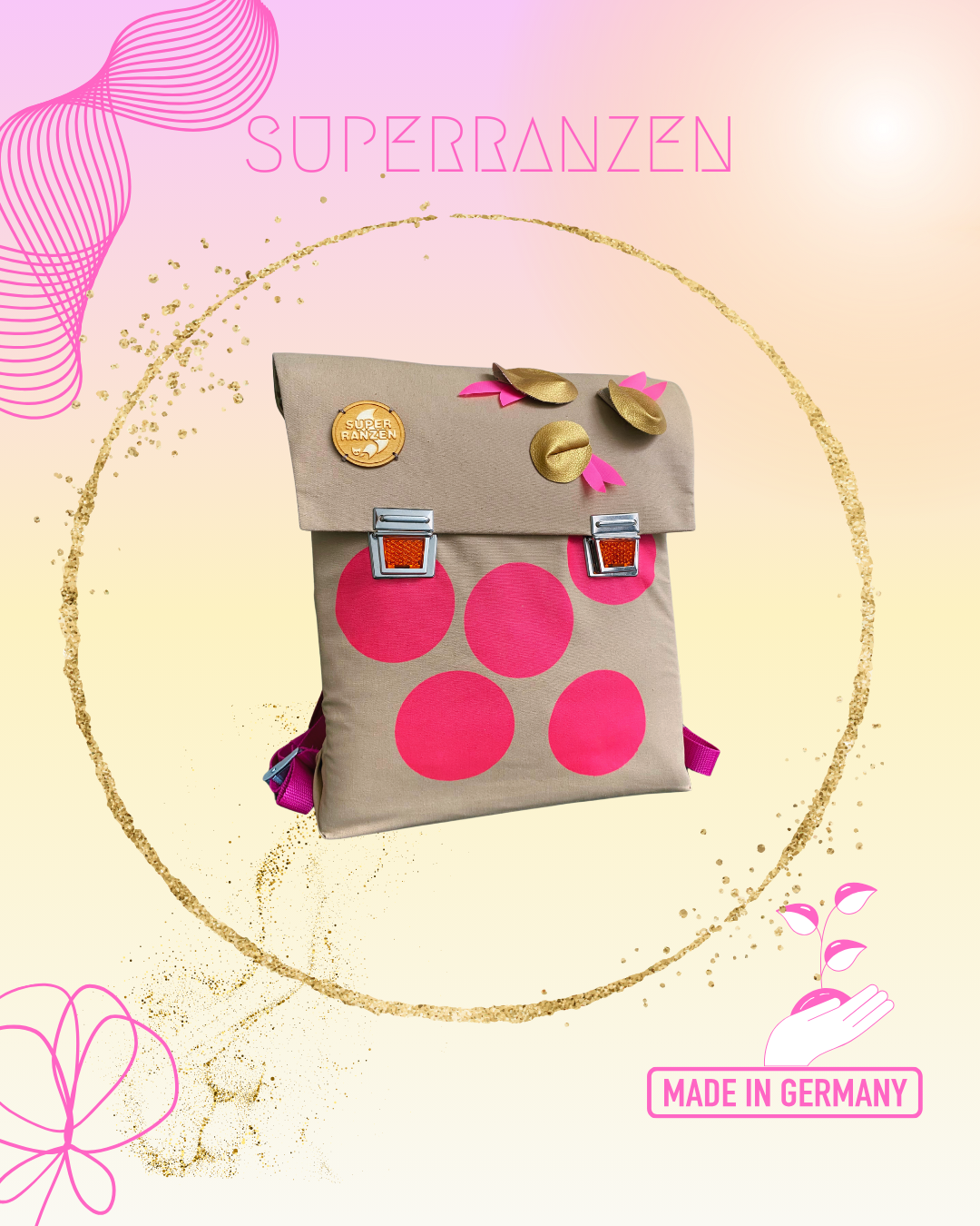 Bloomy Dots Schultasche Gold Pink